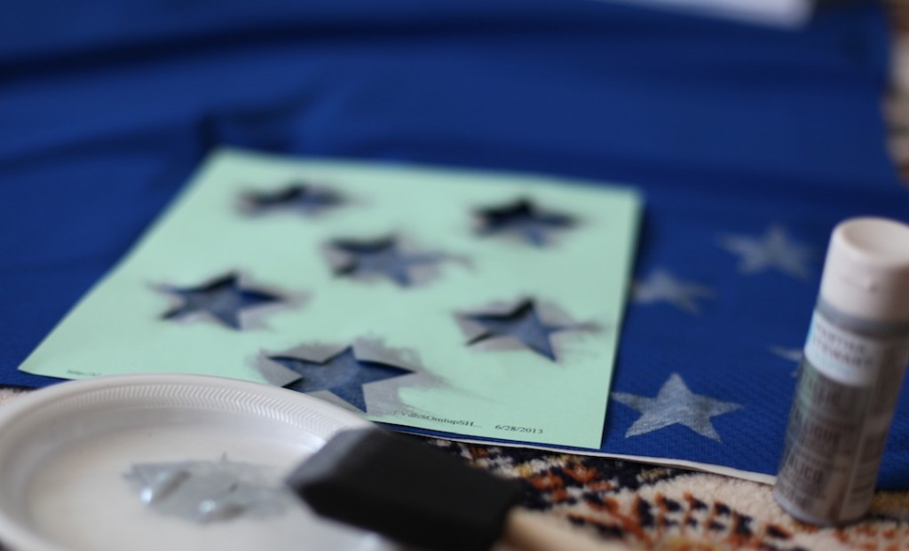 Painting Silver Stars on Blue Knit Fabric