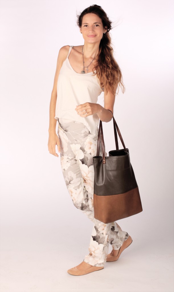 katie anagrassia tote bag and floral pants