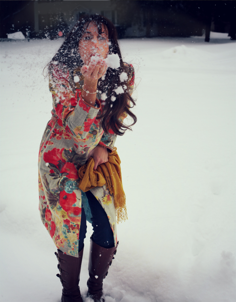 floral jacket marusya outside in snow