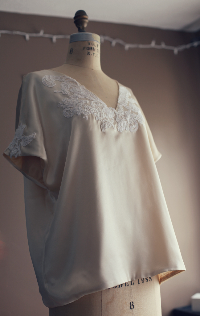 alencon lace and silk charmeuse cream white top blouse