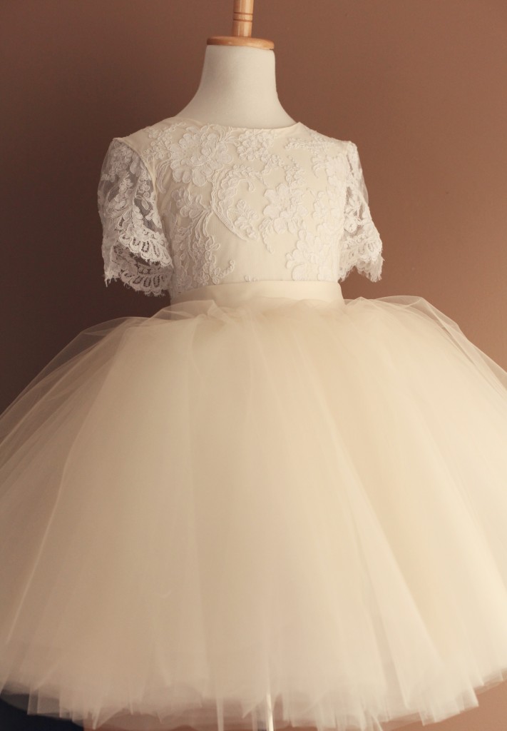 White Ivory Champagne Alencon Chantilly Lace Leotard Tulle Skirt Flower Girl Dress Wedding