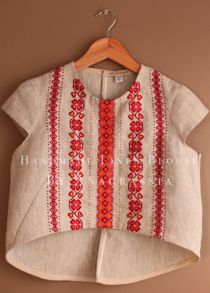Handmade Ukrainian Burdastyle 02/2015 Floral Embroidered Linen ivory crop top skirt dress for Easter, sewing blog