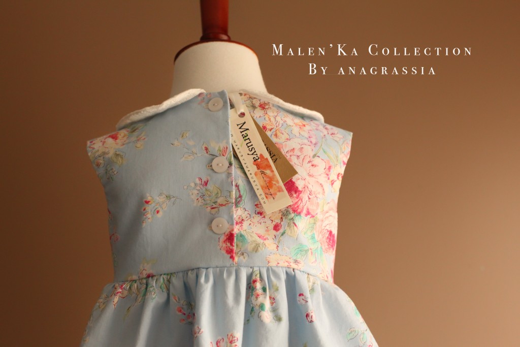 Blue Colorful Floral Baby Summer Spring Dress with Pin Tucks, Peter Pan Collar, Back Buttons, and Full Skirt. Handmade by Marusya of Anagrassia Melan’Ka Collection