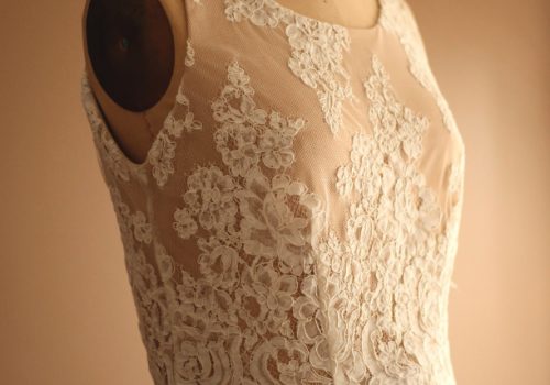 Wedding rehearsal champagne silk wool jersey ivory alencon lace dress