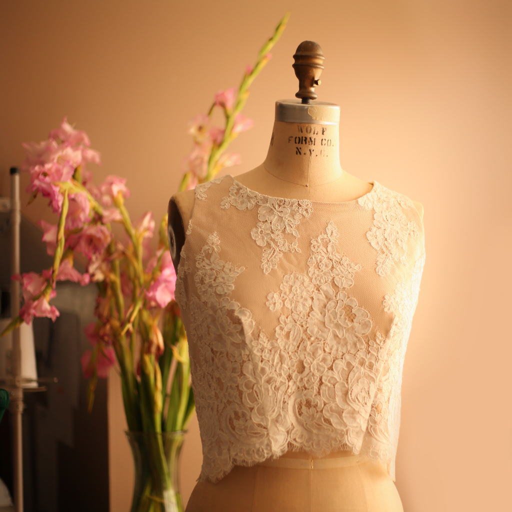Wedding rehearsal champagne silk wool jersey ivory alencon lace dress