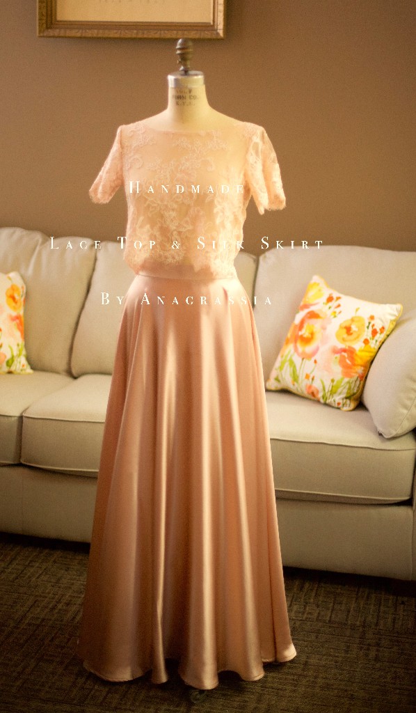 Pink Blush Alencon Lace Crop Top Bodysuit & Long Dusty Rose Skirt For Bride Bridesmaids Wedding, Custom Handmade, Ukrainian Seamstress, Dress, Ivory, charmeuse