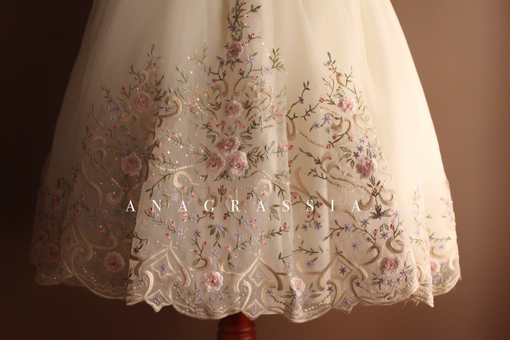 White Embroidered Communion Dress Recycled Made from Wedding gown flower girl full skirt pink floral