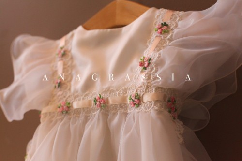 Handmade Silk White Pink Long Baptismal Christening Gown from grandmother wedding gown. Vintage, Anagrassia, custom made, Floral, flowers, ruffles, pinafore