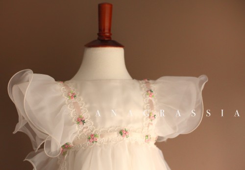 Handmade Silk White Pink Long Baptismal Christening Gown from grandmother wedding gown. Vintage, Anagrassia, custom made, Floral, flowers, ruffles, pinafore