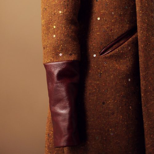 ochre brown sequence burgundy wine wool rose silk lined Tweed asymmetrical jacket custom bespoke leather anagrassia coat ruffle black wide collar dinosaur kids