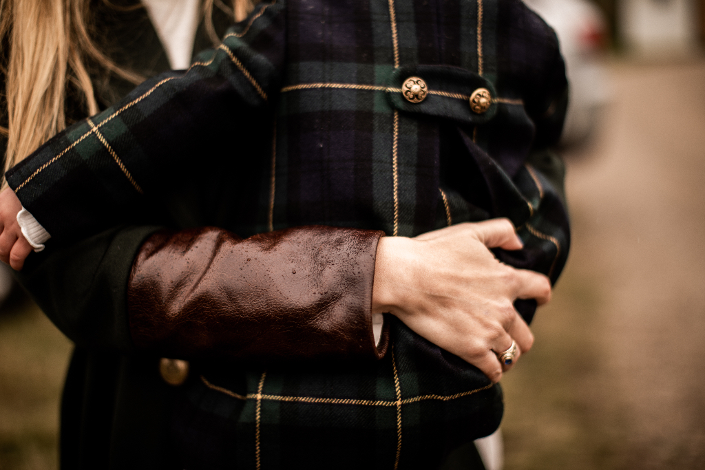 Piccolas by anagrassia green blue gold plaid tartan check wool pleated irish notre dame coat buttons luxury highend real leather cuffs tailoring bespoke custom