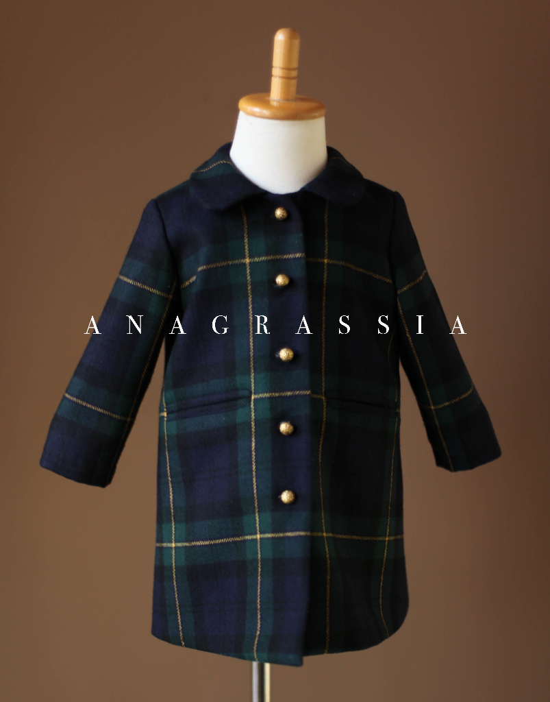 Piccolas by Anagrassia Green Navy Plaid Tartan Check Winter Coat Jacket for Girls Boys Gold Buttons Pleated Back Pockets luxury Childrenswear Peter Pan Collar