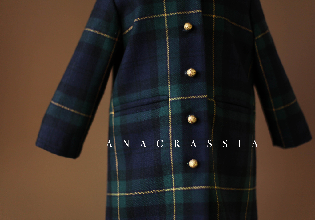 Piccolas by Anagrassia Green Navy Plaid Tartan Check Winter Coat Jacket for Girls Boys Gold Buttons Pleated Back Pockets luxury Childrenswear Peter Pan Collar