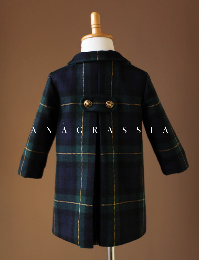 Piccolas by Anagrassia Green Navy Plaid Tartan Check Winter Coat Jacket for Girls Boys Gold Buttons Pleated Back Pockets luxury Childrenswear Peter Pan Collar