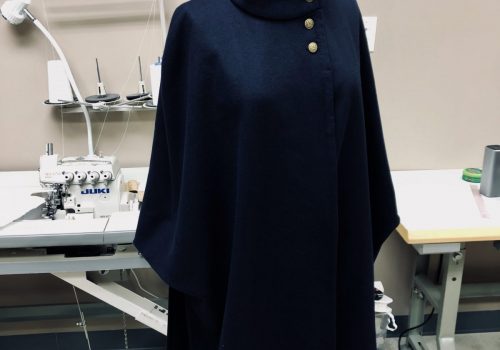 Handmade Anagrassia long Navy Wool Tailored Cape Coat Jacket with high collar and gold irish buttons. Notre dame football tailgates. Burdastyle sewing pattern.