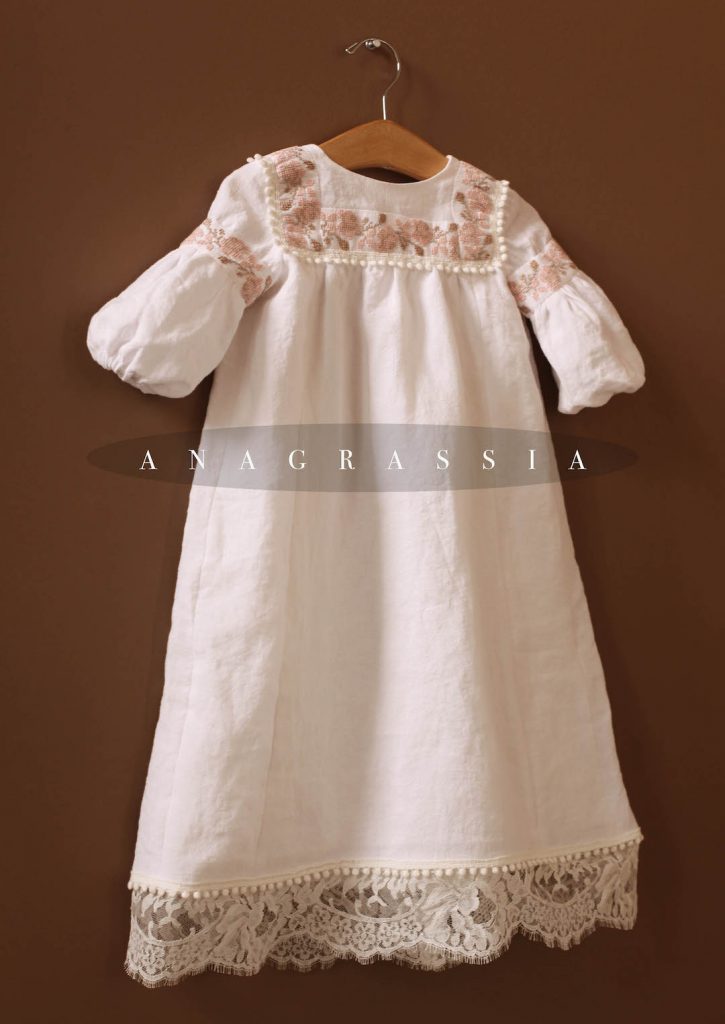 Ukrainian Hand Ivory Pink Gold Embroidered vyshyvanka baptismal Christening Gown with white linen and lined with silk charmeuse and french lace. Dress handmade