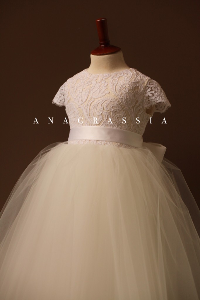 Anagrassia Ivory Alencon Lace First Holy Communion Custom Dress and Flower Girl dress for wedding, special occasion or bat mitzvah. White Tulle and Satin Sash