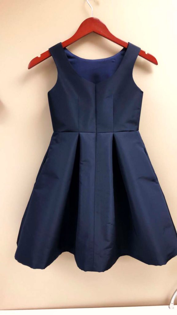 Navy silk faille dress pleated open back