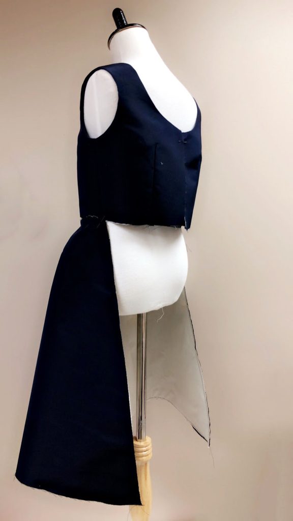 Navy silk faille dress pleated open back