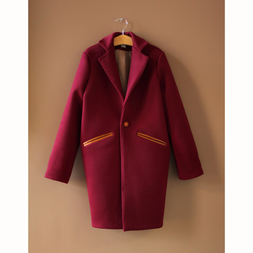 Red burgundy wool cashmere cashmere real leather cognac burgundy custom bespoke coats jackets cape for kids adults Sustainable Fashion Bergdorf Goodman NYC egg