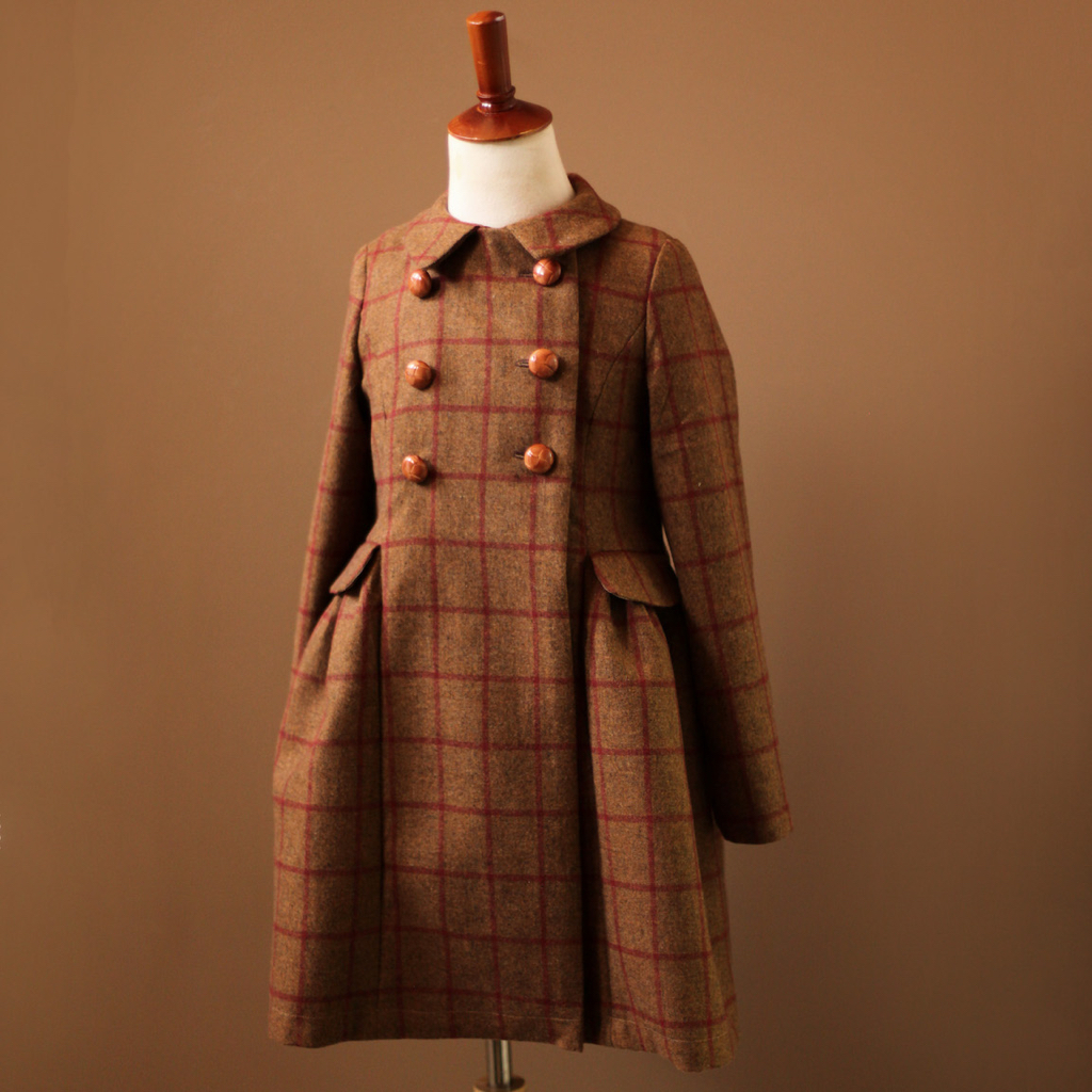 Sustainable Fashion brown red check plaid tartan double breasted with leather buttons coat jacket for girls that was custom bespoke made burberry equestrian