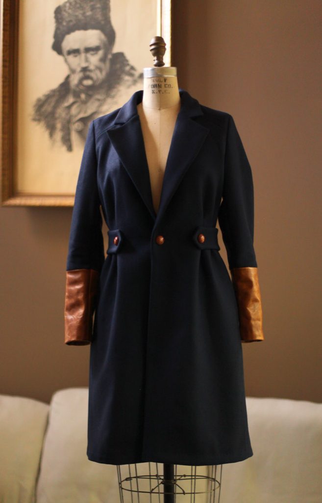 navy wool womens sports jacket with leather