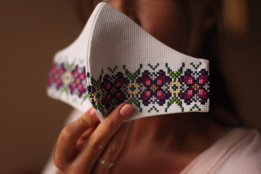 Ukrainian hand embroidered face mask for women using purple green threads