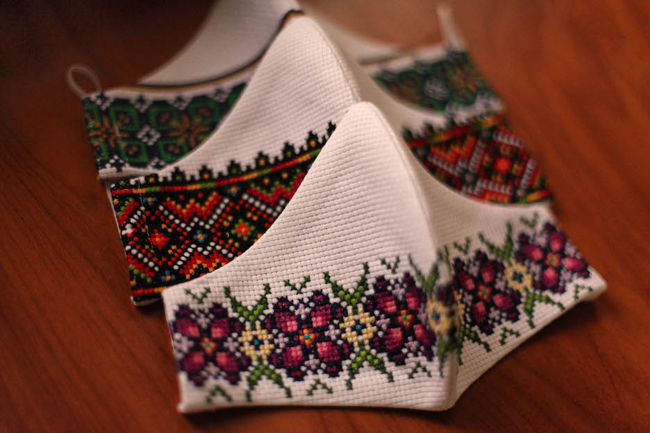 couture hand embroidered face masks using Ukrainian floral designs