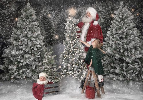 Little girls in green cape with santa clause; decorating tree