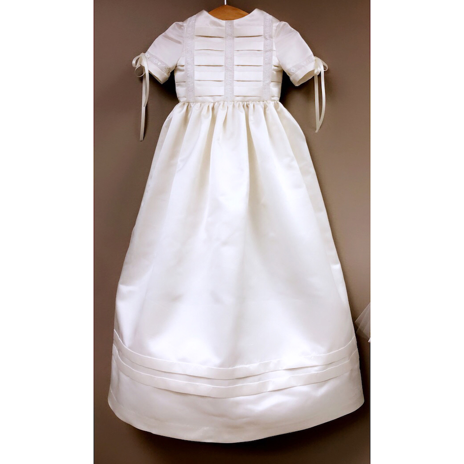 silk duchess white pleated baptismal gown with rose lace and ribbons