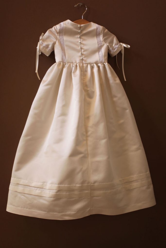 Long silk Baptismal gown with pleated front and lace