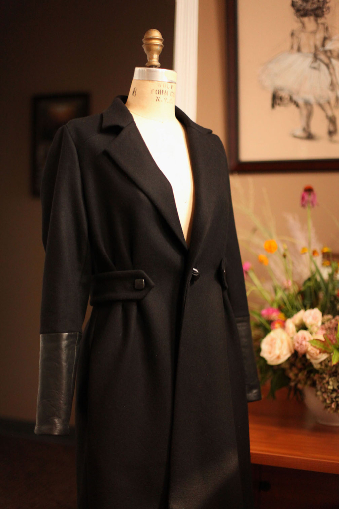 Black leather and wool womens jacket made with lamb leather cuffs Custom made by top international childrens designer