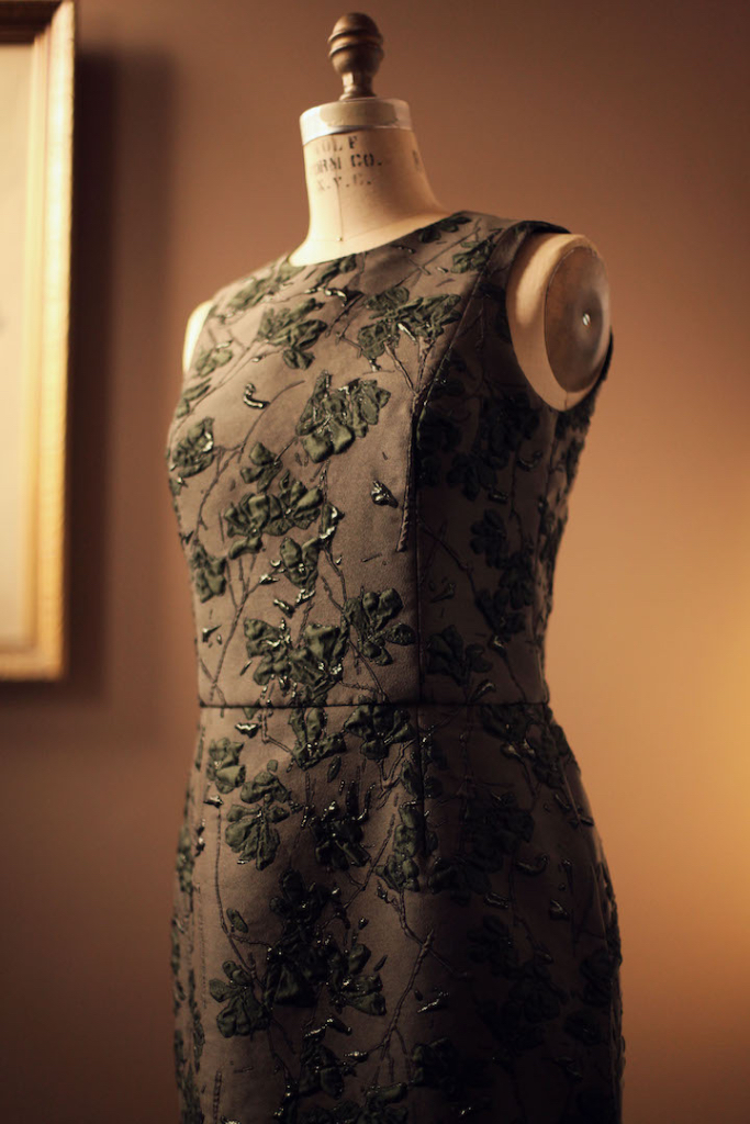 custom bridesmaid dress with dark green floral silk
