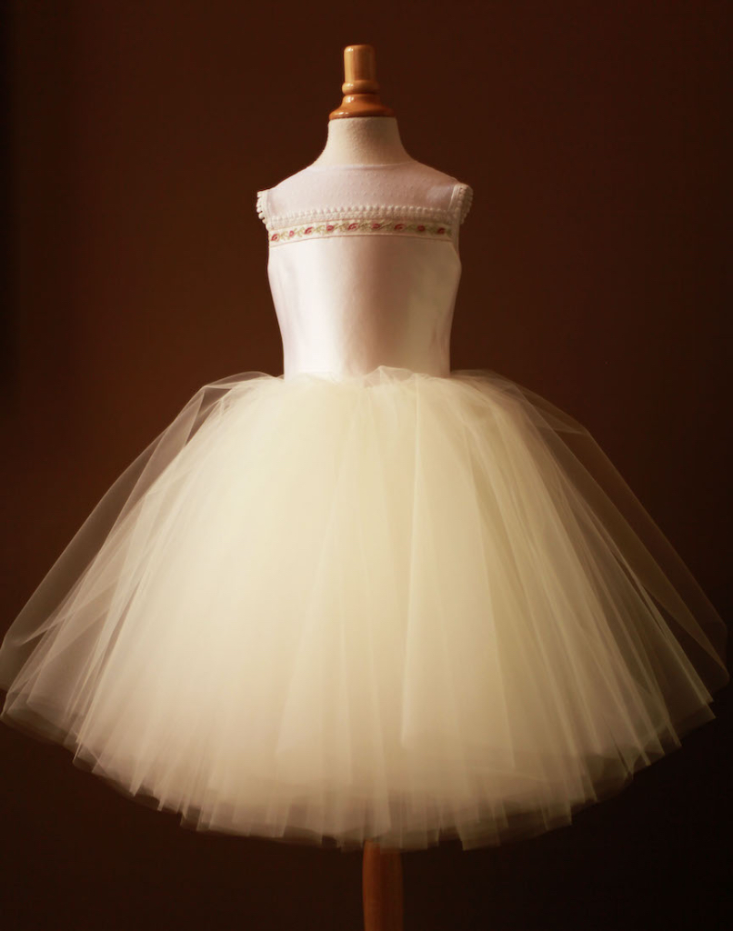 traditional first holy communion dress with embroidery, tulle, silk, and illusion neckline