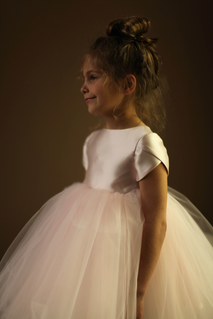 blush silk wool flower girl dress